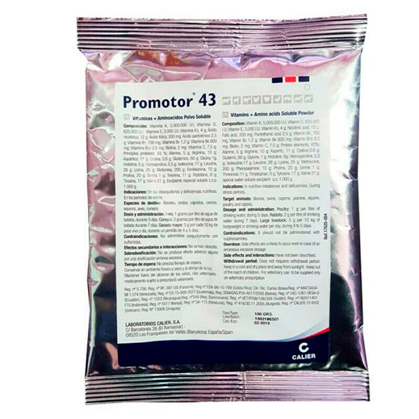 Promotor 43 – Suplemento Multivitamínico y Aminoácido para Aves, Conejos y Ganado – 100 g y 1 kg