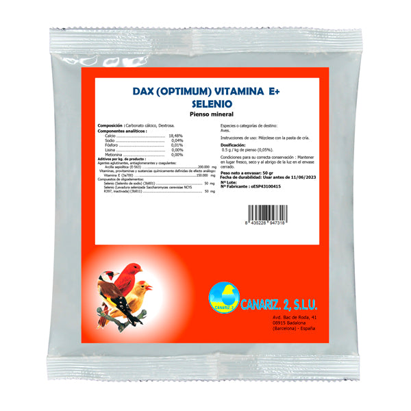 Dax Optimum Vitamina E + Selenio | Estimulante Reproductivo para Aves | 50g, 100g, 200g