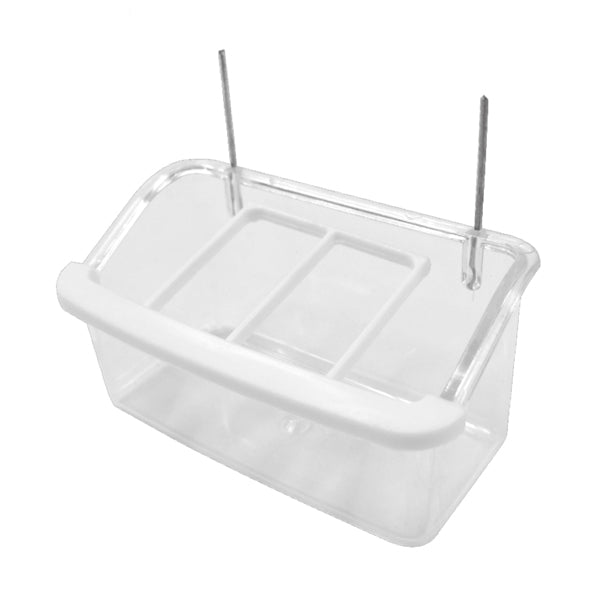 Comedero Rastrillo Pequeño para Aves – Plástico Transparente con Rejilla Antiderrame y Ganchos Metálicos – Ideal para Canarios y Pájaros Pequeños