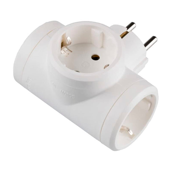 Adaptador Enchufe Triple 2P+T 16A Tipo Schuko – 3 Tomas Laterales con Toma de Tierra, 3680W, Color Blanco