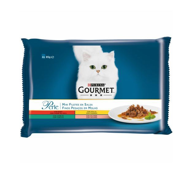 PURINA® GOURMET® Perle Finas Láminas en Salsa con Buey, Pollo, Conejo y Salmón – 4x85 g, comida húmeda premium para gatos