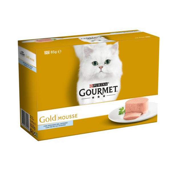 PURINA® GOURMET® Gold Mousse Pescado del Océano – Pack 12 latas de 85 g, comida húmeda premium para gatos adultos