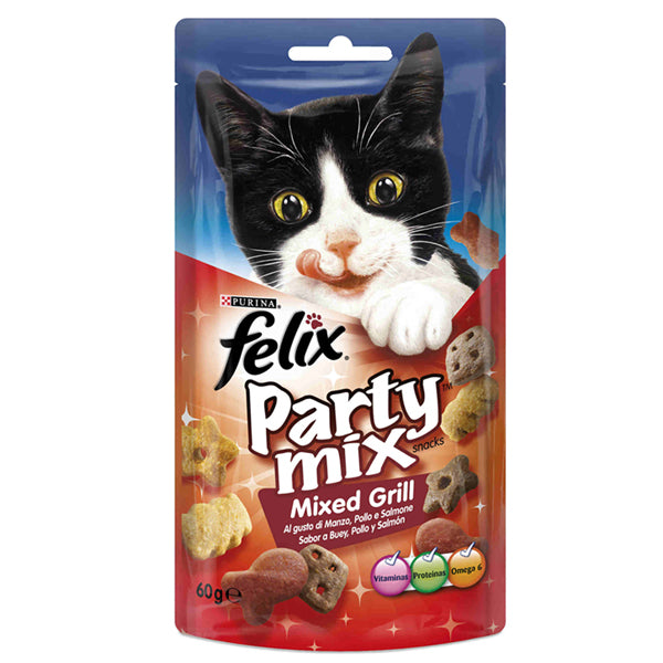 Felix Party Mix Mixed Grill 60g – Snacks para Gatos con Buey, Pollo y Salmón