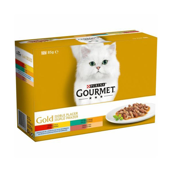 PURINA® GOURMET® Gold Doble Placer Pack Surtido – 12 x 85 g, comida húmeda para gatos adultos, mezcla de texturas con carnes y pescados