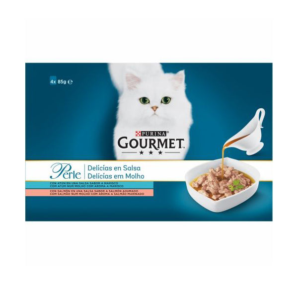 PURINA® GOURMET® Perle Delicias en Salsa con Salmón y Atún – 4x85 g, comida húmeda premium para gatos