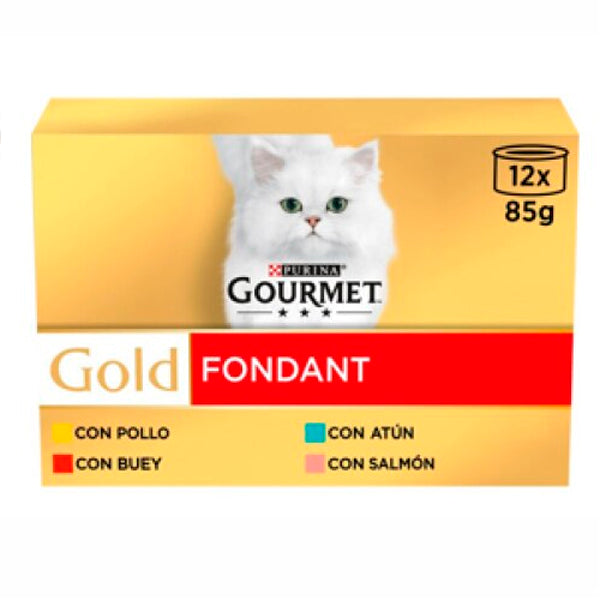 PURINA® GOURMET® Gold Fondant Pack Surtido – 12 latas de 85 g, comida húmeda premium para gatos adultos con Pollo, Buey, Salmón y Atún