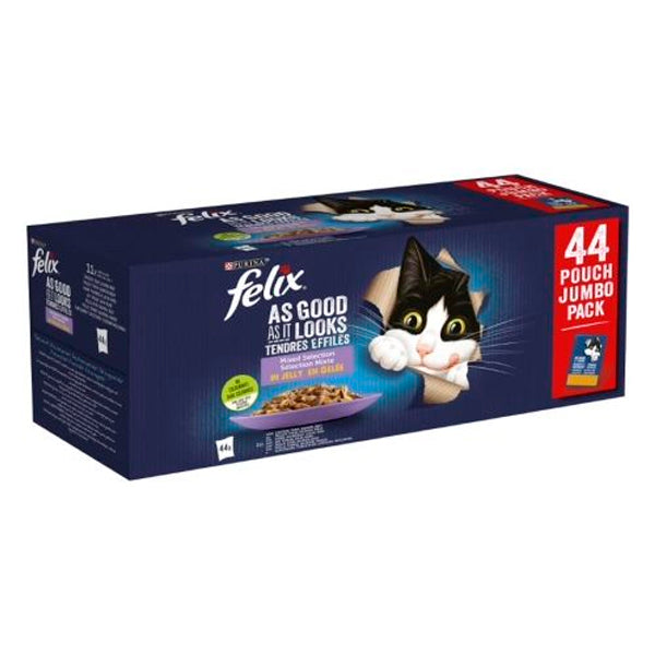 PURINA® FELIX® Fantastic Selección de Sabores en Gelatina – 44 x 100 g, comida húmeda para gatos adultos con carnes y pescados