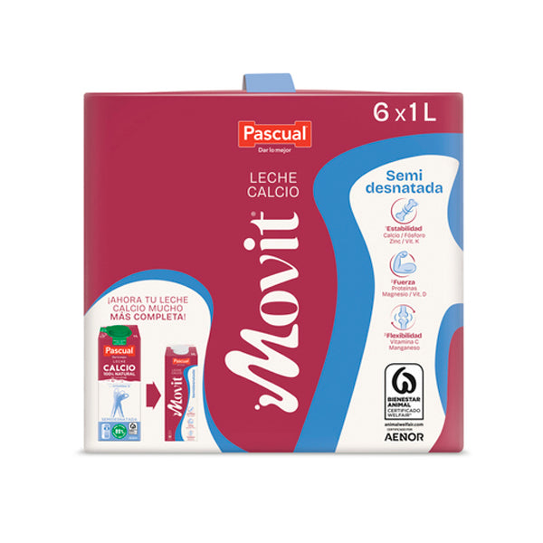 Leche Pascual Calcio Semidesnatada 1L – Caja de 6 Briks – Alta en Calcio y Proteínas
