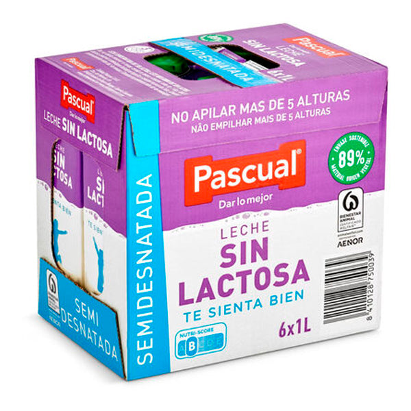 Leche Pascual Sin Lactosa Semidesnatada 1L – Pack de 6 – Fuente de Calcio y Fácil Digestión