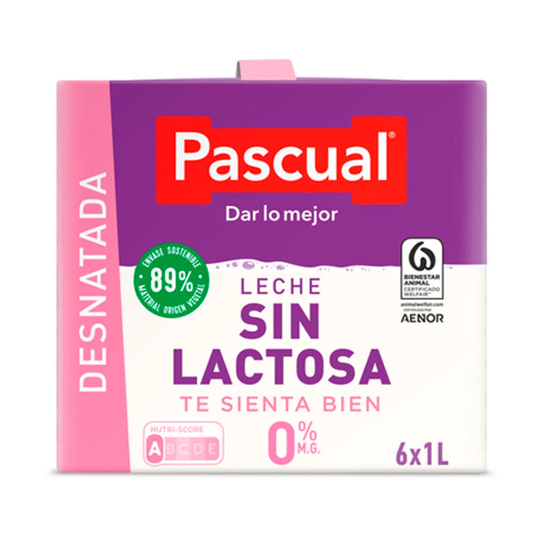 Leche Pascual Sin Lactosa Desnatada 1L – Pack de 6 – 0% Grasa y Fácil Digestión
