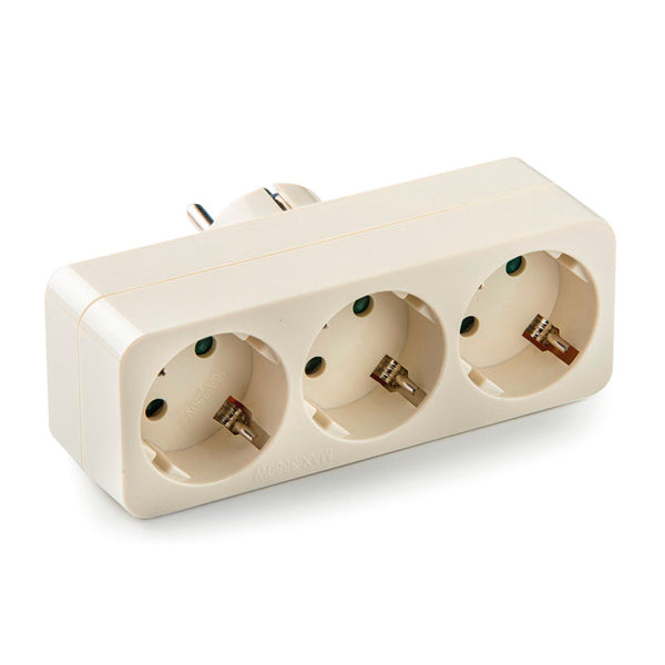 Adaptador Triple Frontal 10A-250V con Toma de Tierra – Enchufe Múltiple Compacto para Hogar y Oficina, Blanco