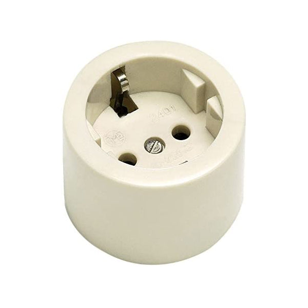 Base de Enchufe Superficie con Toma de Tierra Lateral 10/16A 250V – Porcelana, Ø55 mm, Color Marfil, IK07