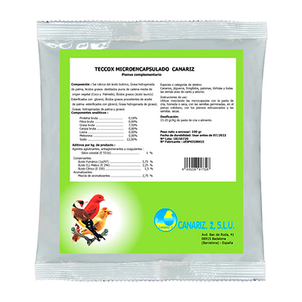 Teccox Microencapsulado Canariz | Anticoccidiosico Natural para Aves | Contra Punto Negro y Megabacterias | 100g y 250g