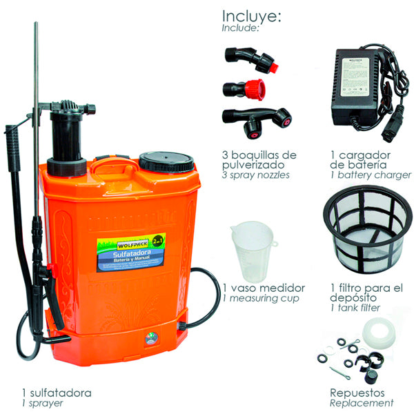 Wolfpack Sulfatadora Eléctrica a Batería 16 L – Doble Uso Manual o Automático con Batería Recargable 12V / 8Ah