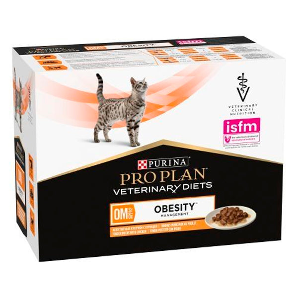 Purina ProPlan Veterinary Diet Feline OM Obesity Management Sobres Pollo – 10x85g, alimento húmedo para gatos con sobrepeso